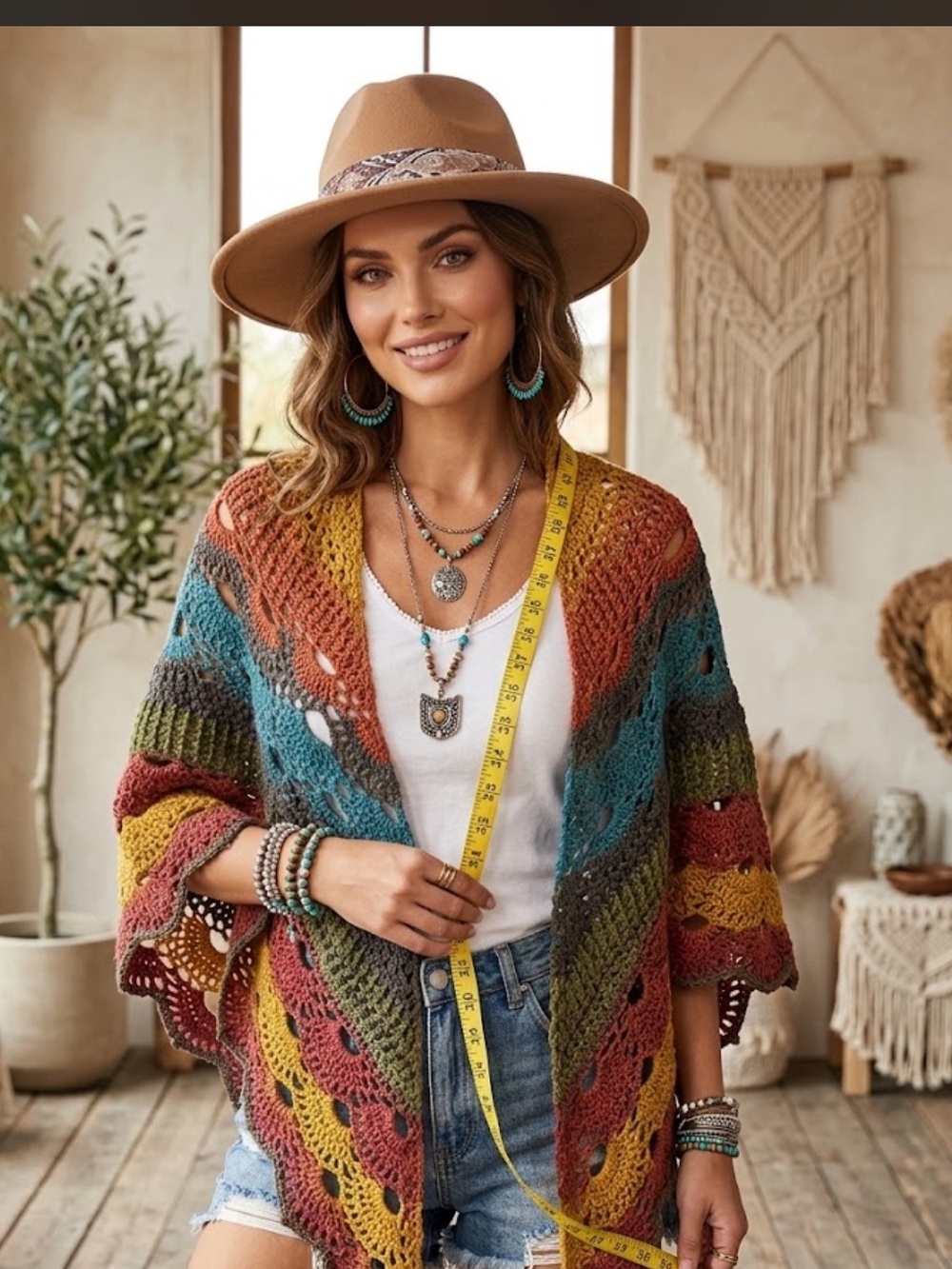 Boho Handmade crochet poncho with rainbow gradient and lace-like openwork design